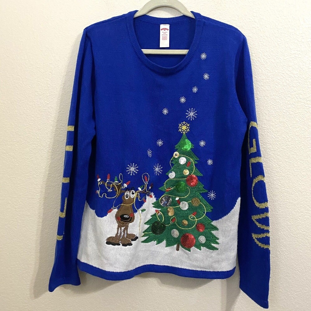 Ugly Christmas Sweater Womens Size XXL Let it Glow Crazy Eye Deer Blue